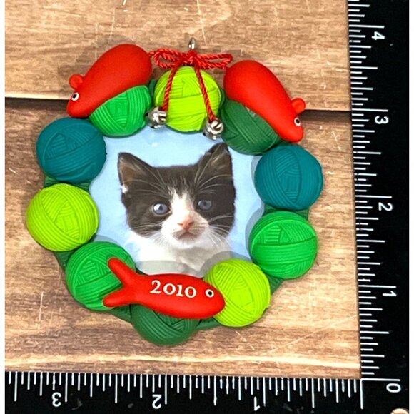 2010 HALLMARK KEEPSAKE ORNAMENT QXG7476 PRETTY KITTY CAT PHOTO MOUSE FISH - Picture 1 of 5